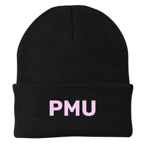 PMU Embroidered Beanie - Black with pink thread