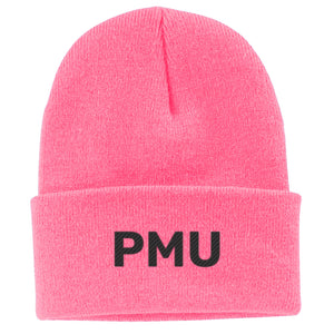 PMU Embroidered Beanie - Pink with black thread
